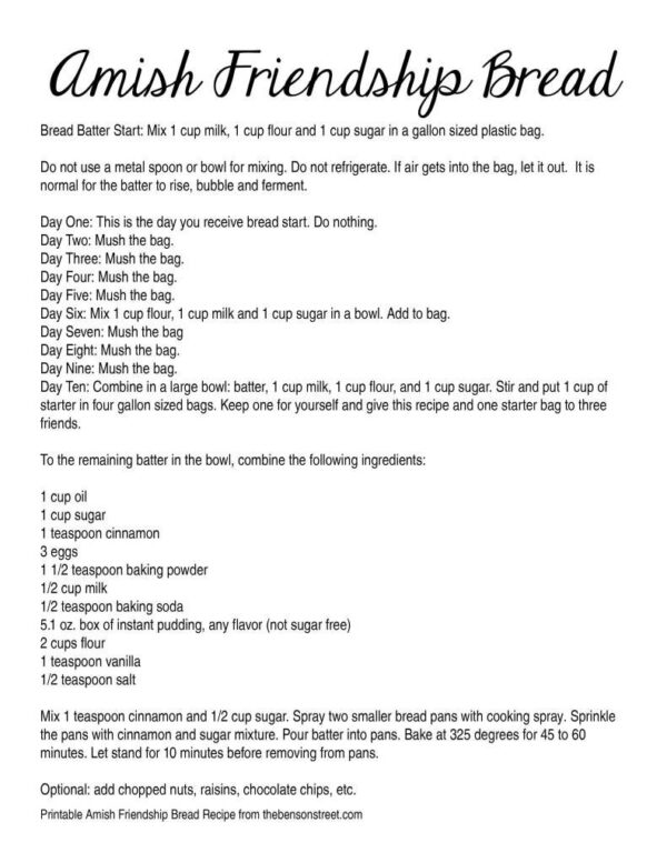 Amish Friendship Bread Instructions Printable