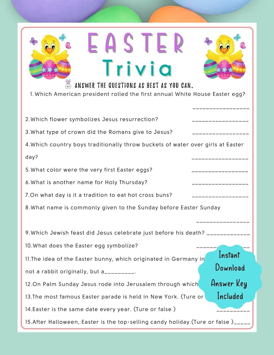 Easter Trivia Game Easter Printable Game For Kids Adults Fun Easter