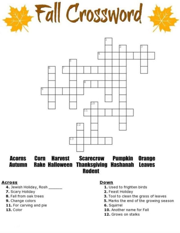 Free Fall Crossword Puzzle Printable