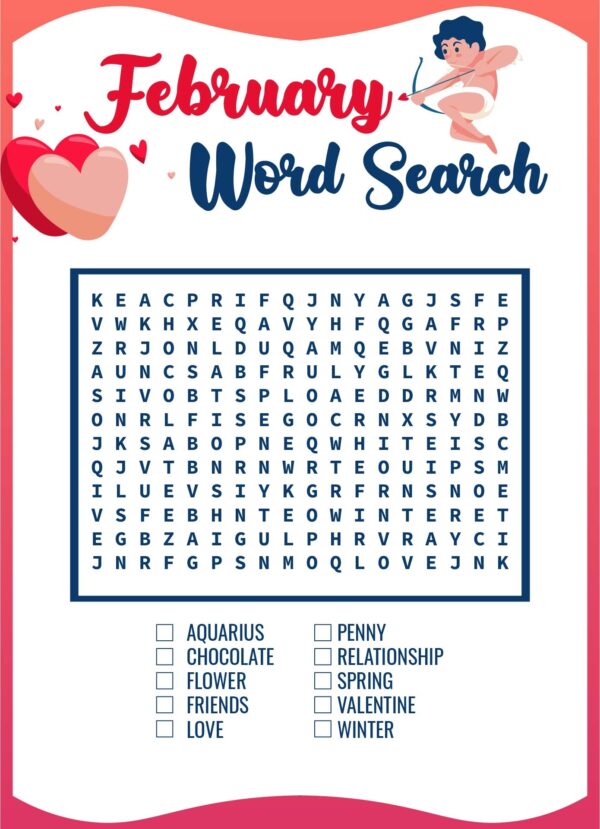 February Word Search Free Printable