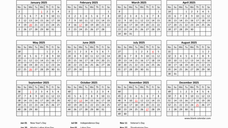 Free Download Printable Calendar 2025 With US Federal Holidays One Page Horizontal