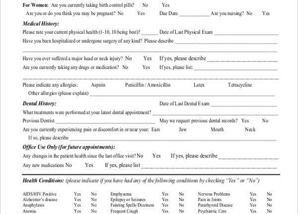 Free Printable Dental Health History Forms Printable Forms Free Online