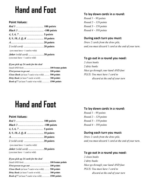 Hand And Foot Canasta Rules Printable