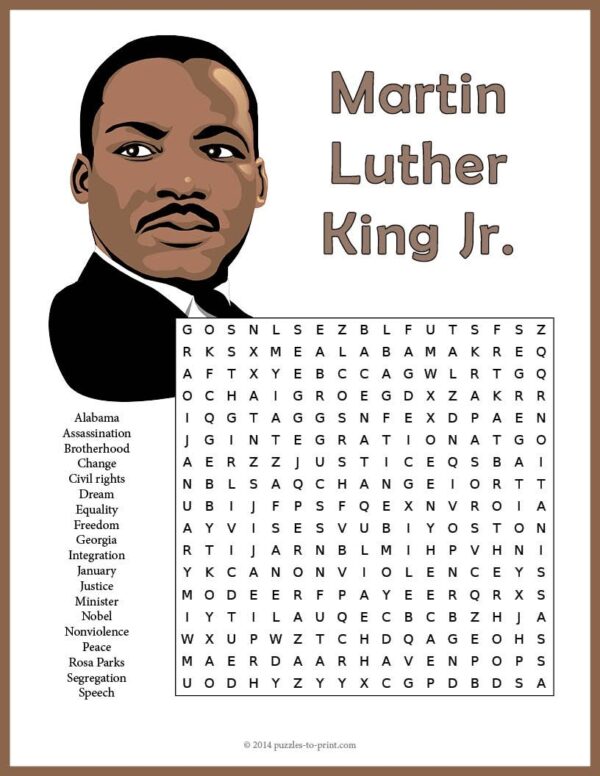 Martin Luther King Word Search Free Printable