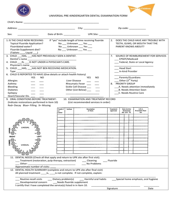 Printable Dental Examination Form Printable Forms Free Online