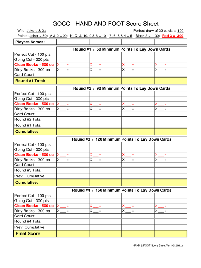 Printable Hand And Foot Score Sheet Pdf