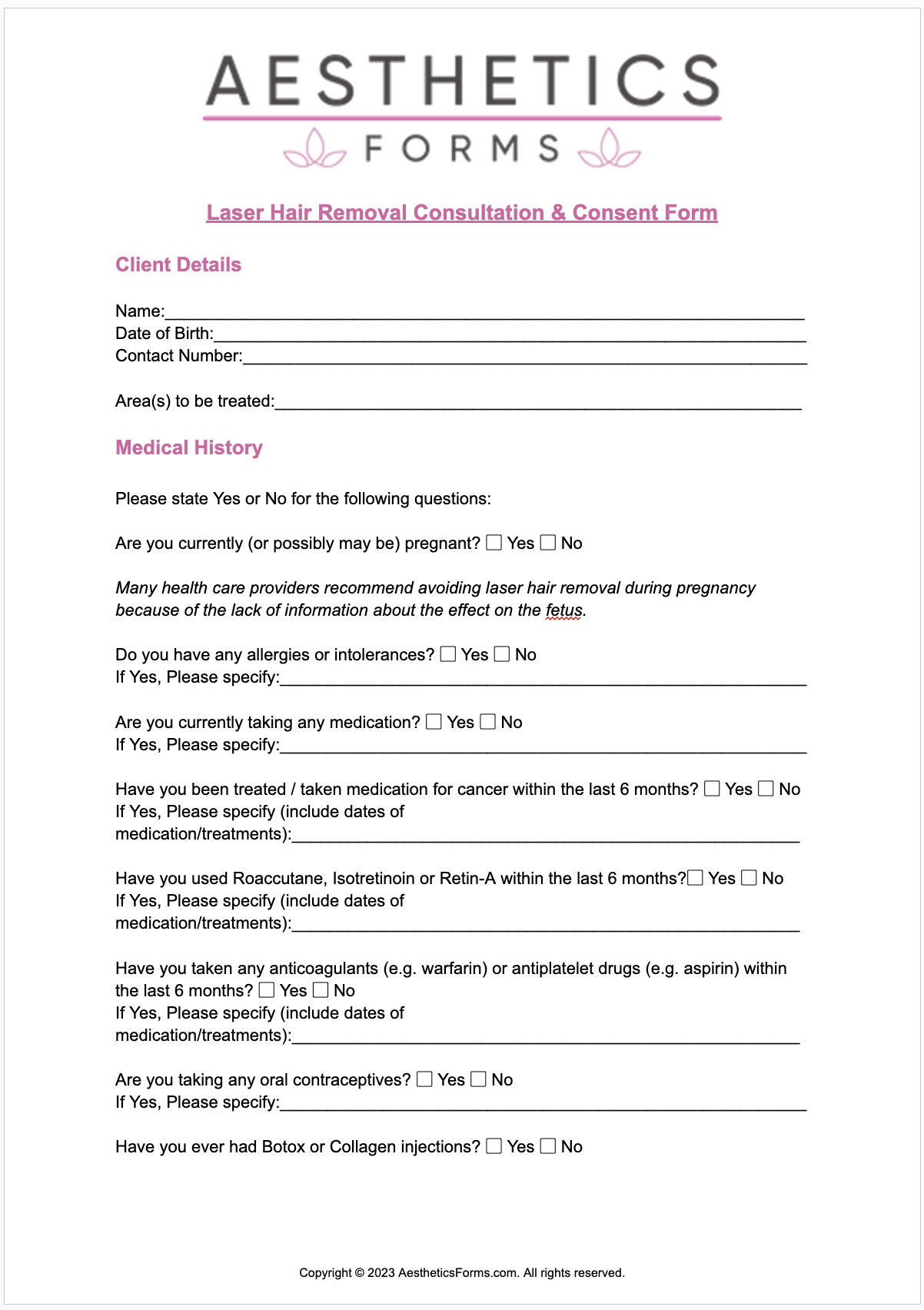 Printable Laser Hair Removal Treatment Record Form Fi Vrogue Co