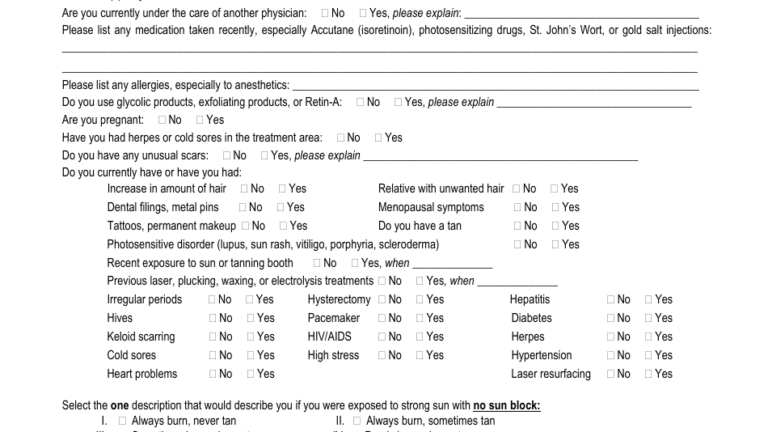 Printable Laser Hair Removal Treatment Record Form Printable Forms