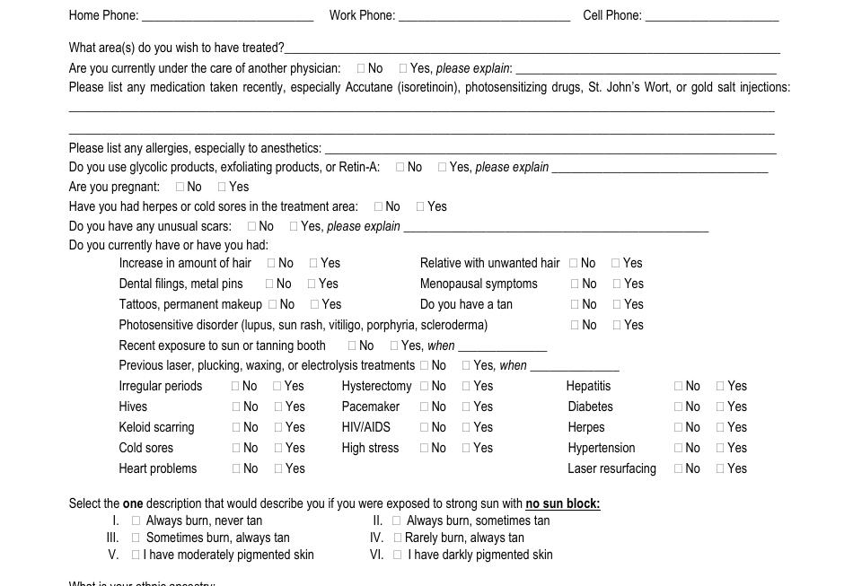 Printable Laser Hair Removal Treatment Record Form Printable Forms