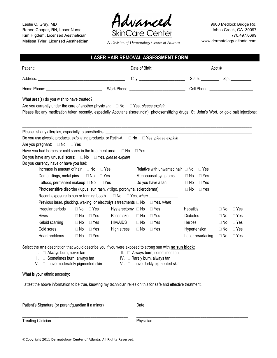 Printable Laser Hair Removal Treatment Record Form Printable Forms