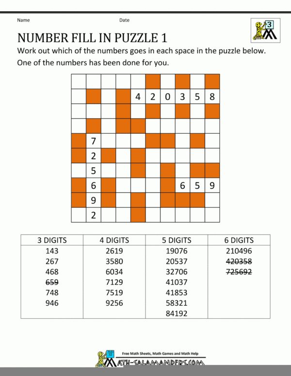 Printable Number Fill In Puzzles