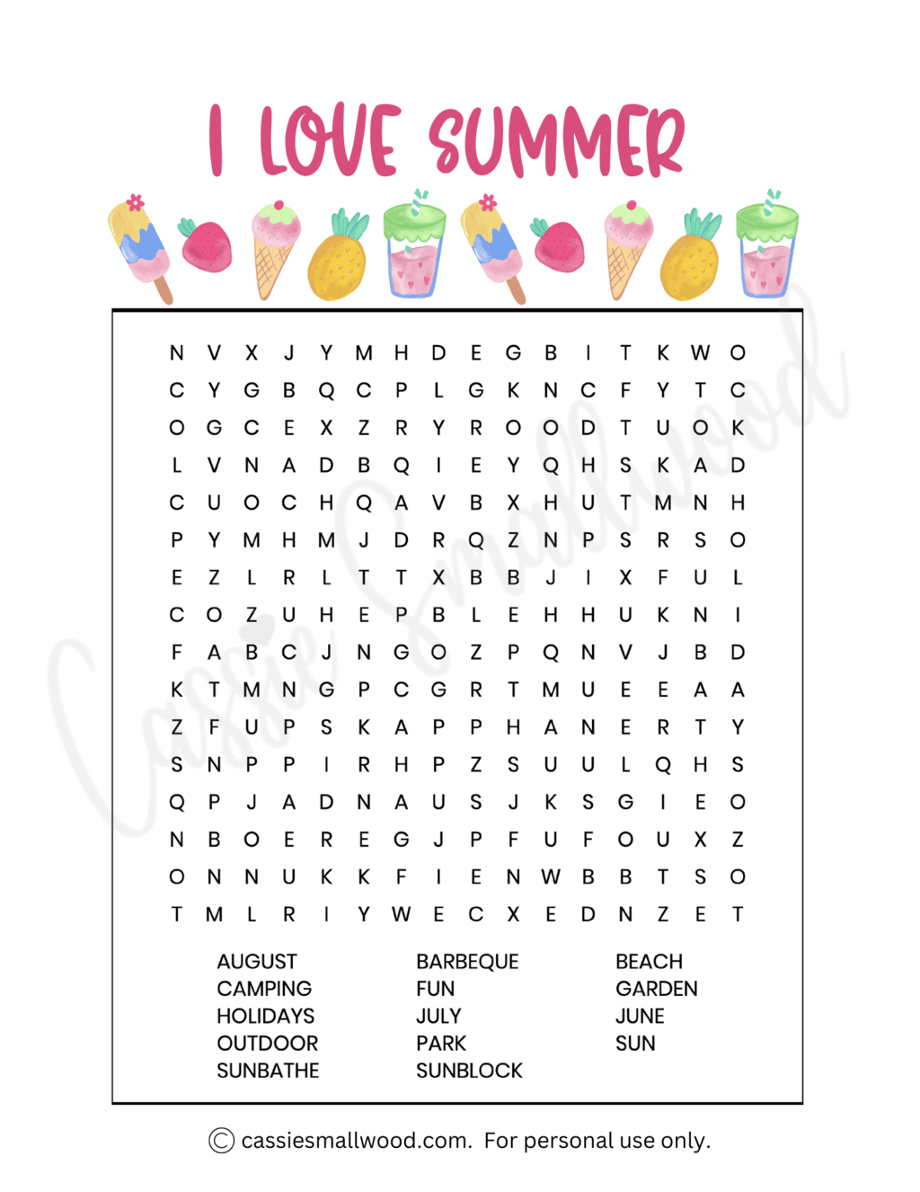 Summer Printable Word Search