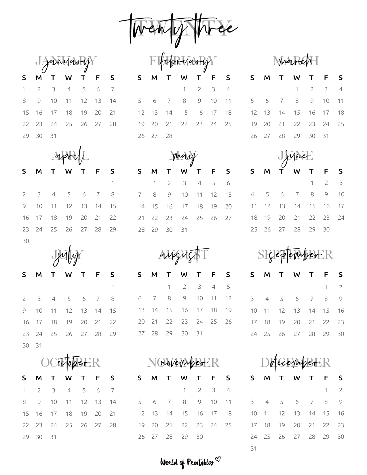 2023 Blank Yearly Calendar Template Free Printable 56 OFF