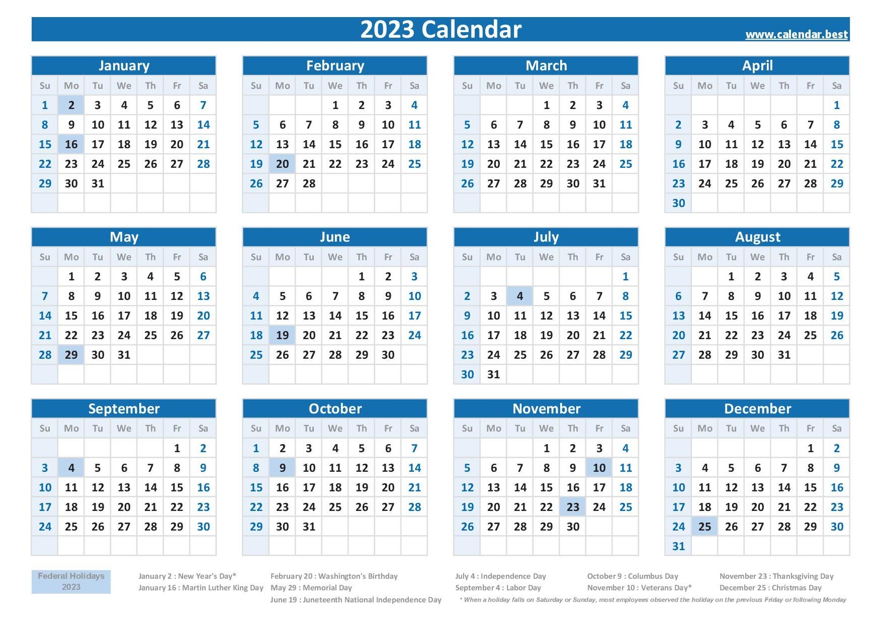 2023 Federal Holidays List And 2023 Calendar With Holidays To Print