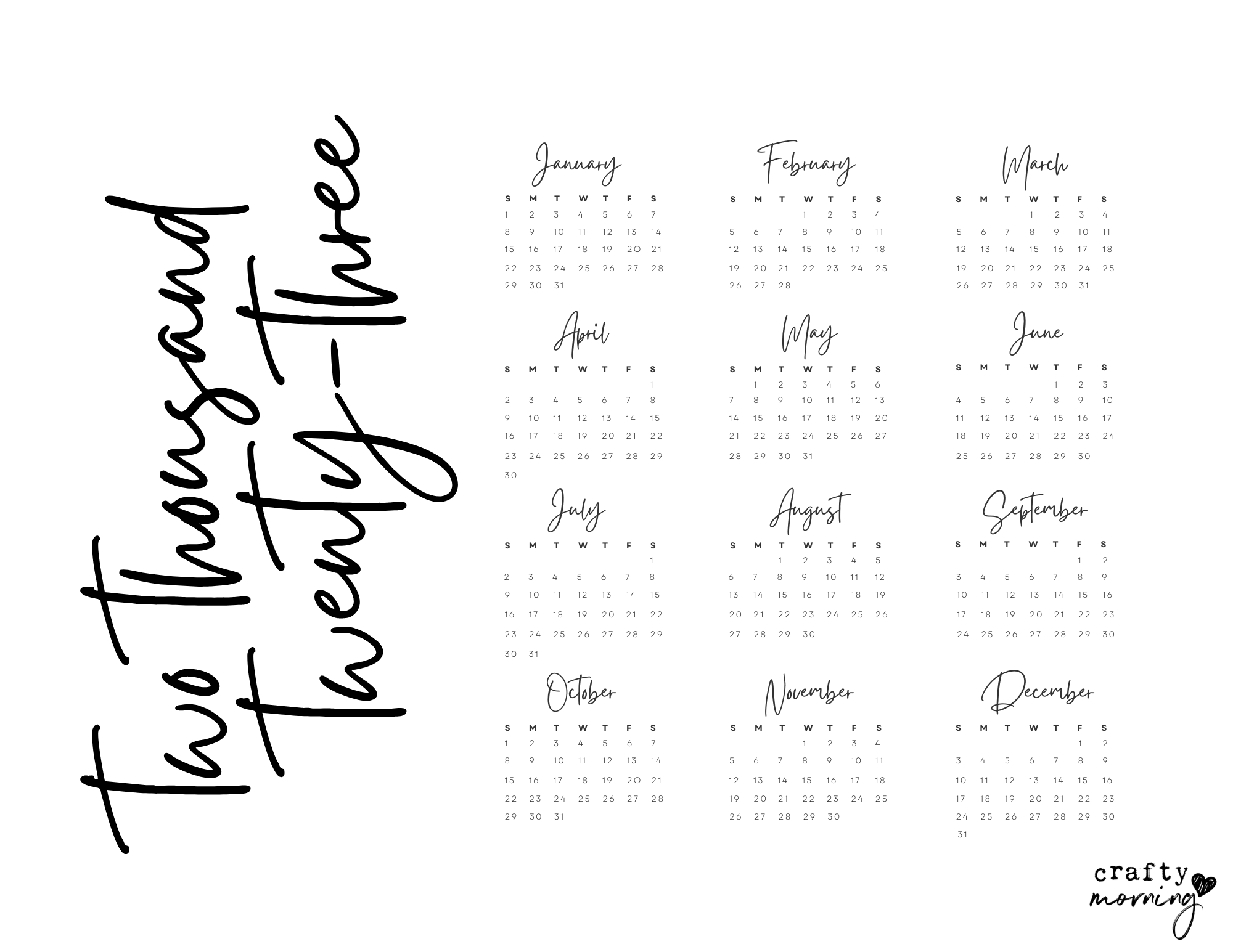 2023 Yearly Printable Calendar Crafty Morning