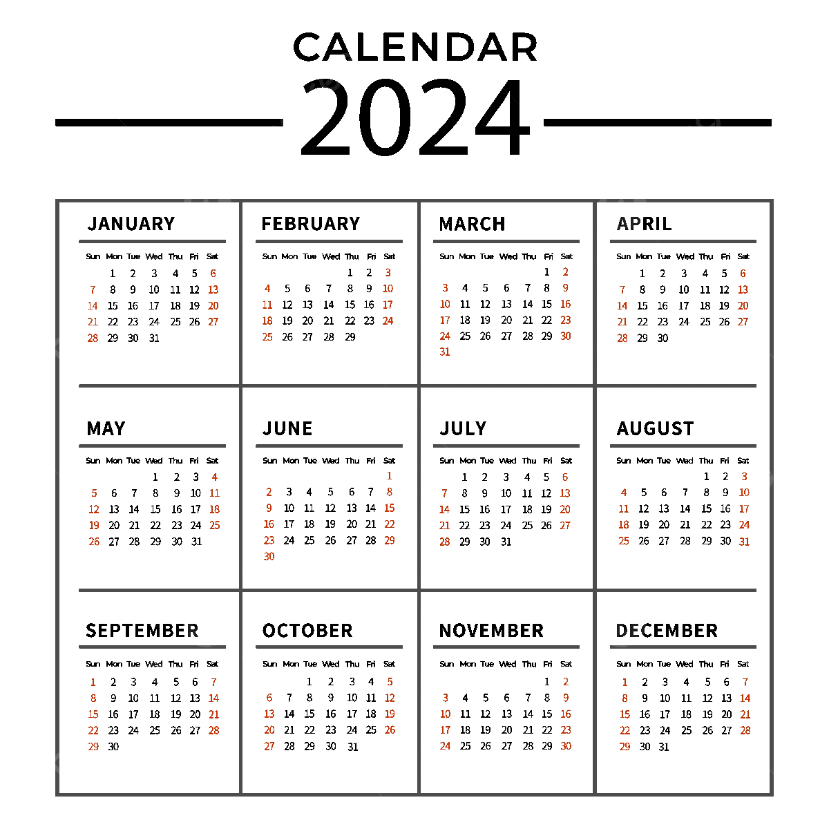 2024 Calendar Black Simple Style Border Vector 2024 Calendar Simple
