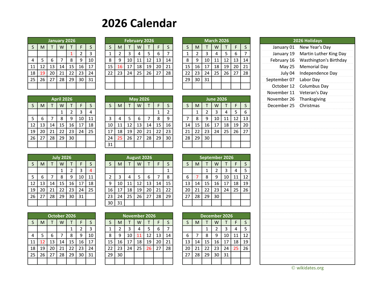 Printable 2026 Calendar With Federal Holidays