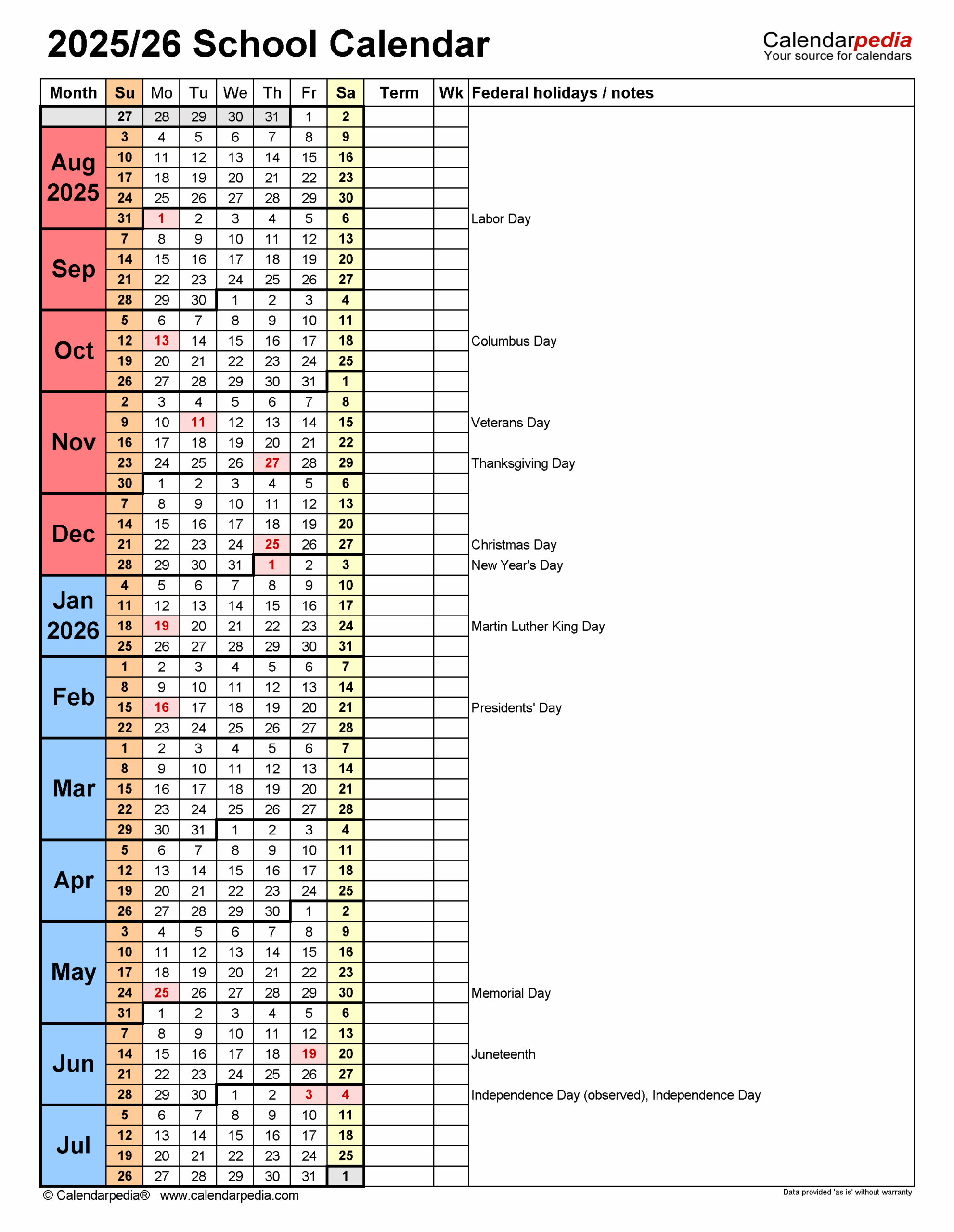 Whole Year Calendar 2026 Printable