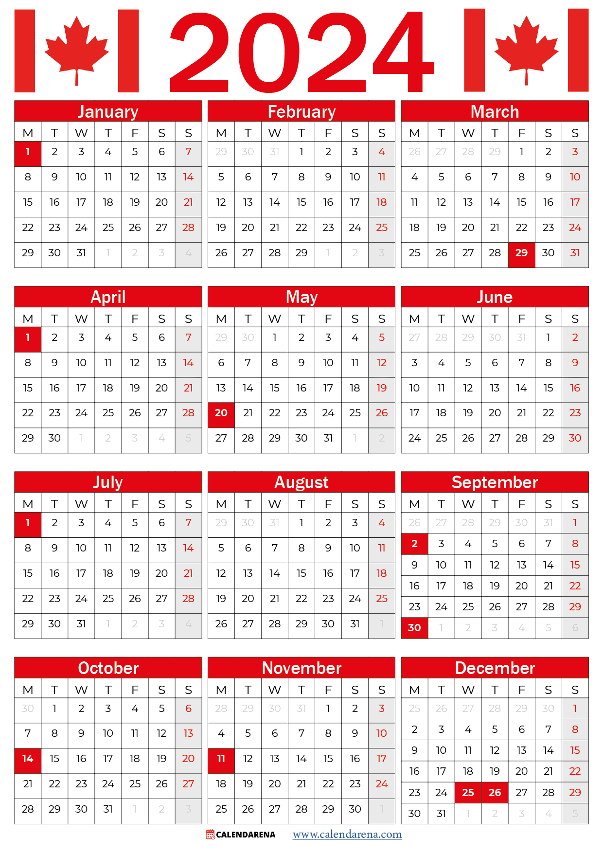 2026 Calendar Printable Canada