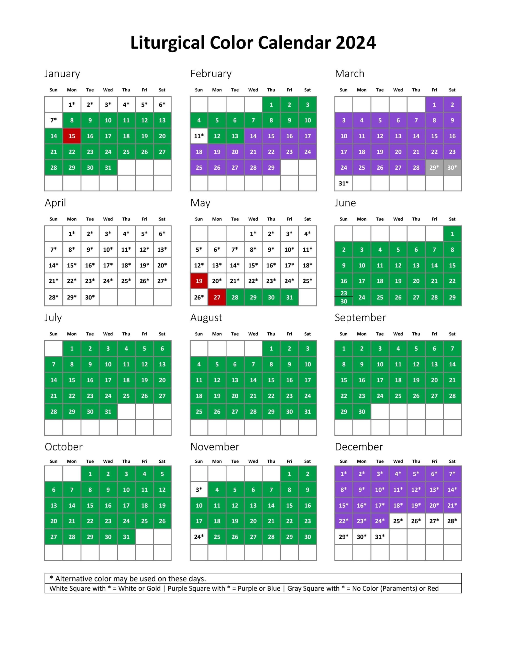 Liturgical Colors Calendar 2026 Printable