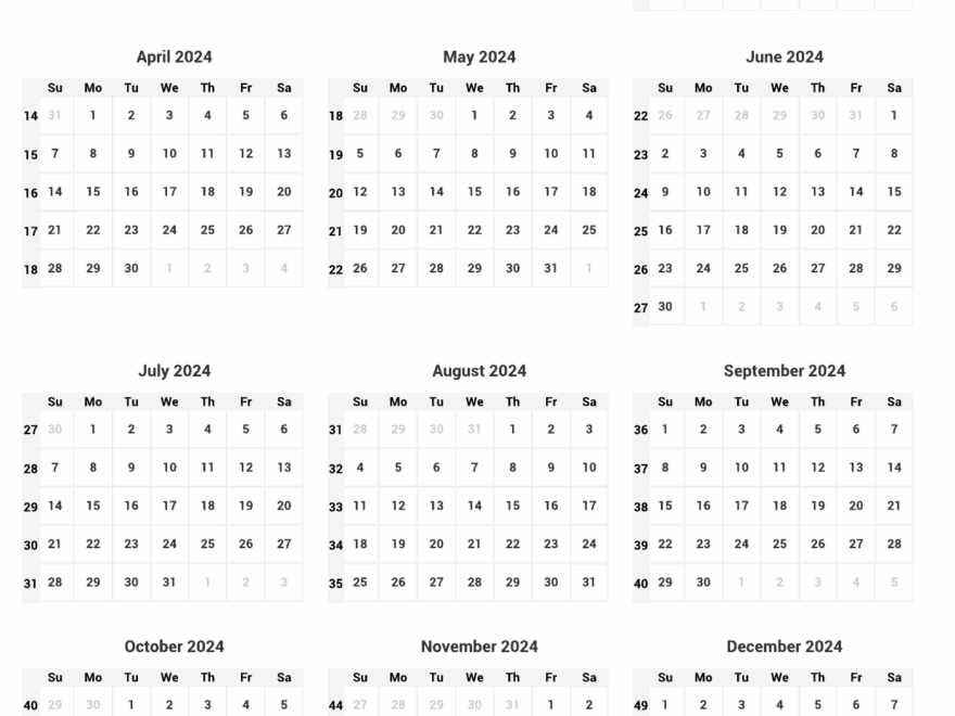 2024 One Page Yearly Calendar With Week Numbers