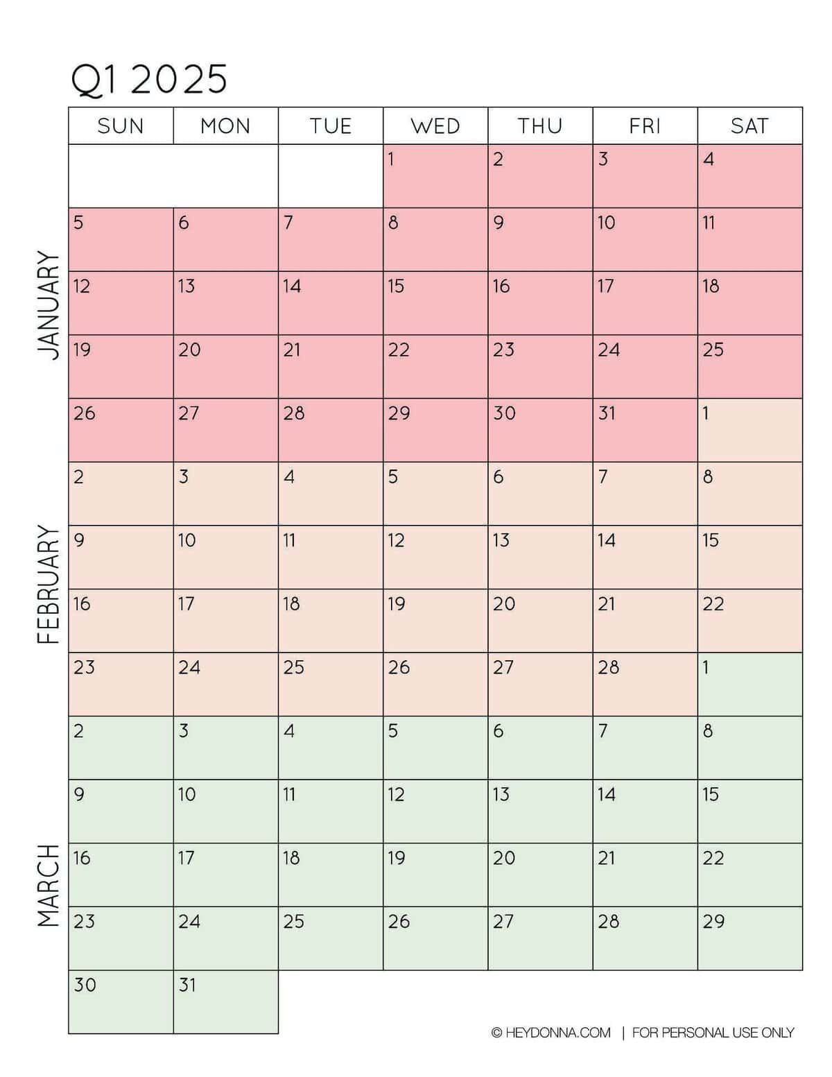 2025 3 Month Quarterly Calendar Printables FREE Calendar Printables