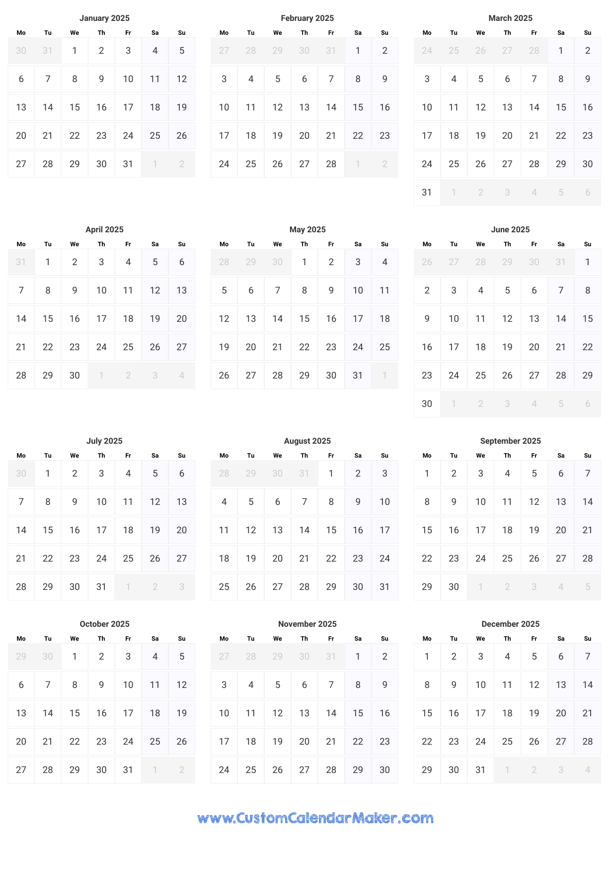 2025 Annual Calendar At A Glance Flynn L OHaran