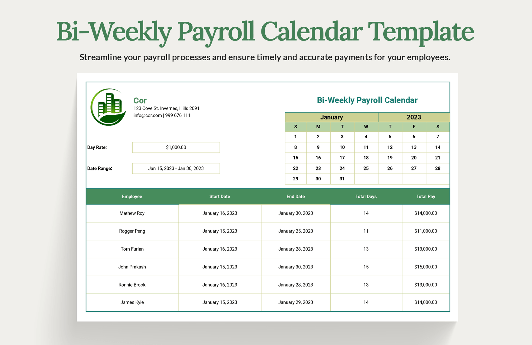 Printable 2026 Payroll Calendar Biweekly Template