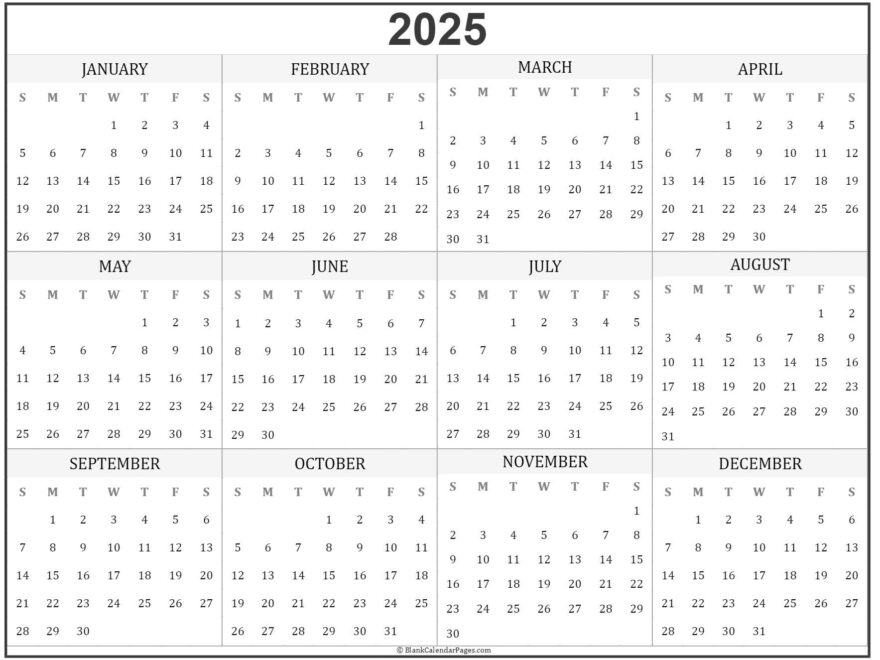 2025 Blank Yearly Calendar Halona Moon