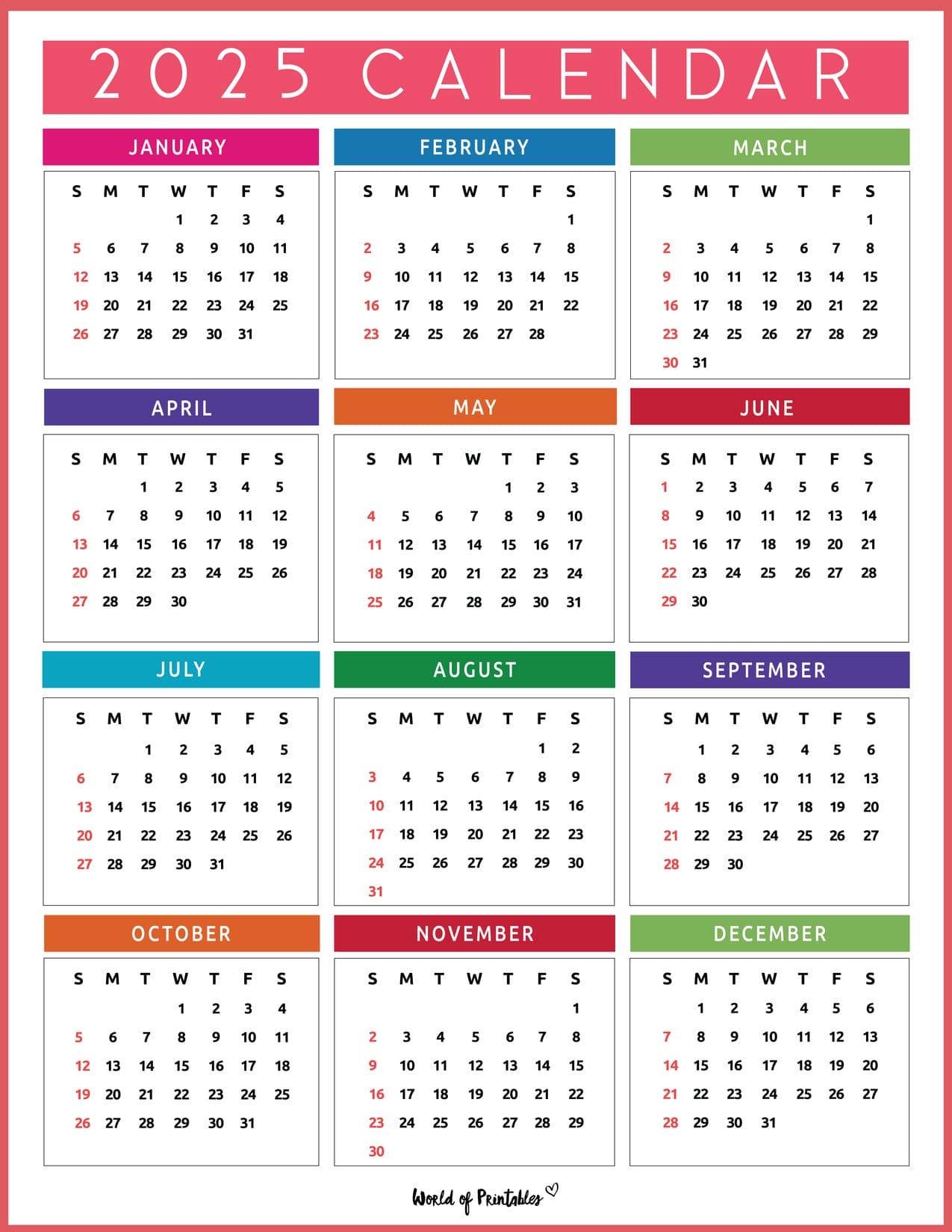 Whole Year Printable Calendar 2026