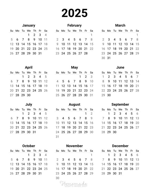 2025 Full Year Calendar Pdf Print Madeline A Matthews