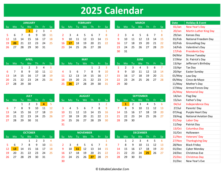 2025 Printable Calendar With Holidays