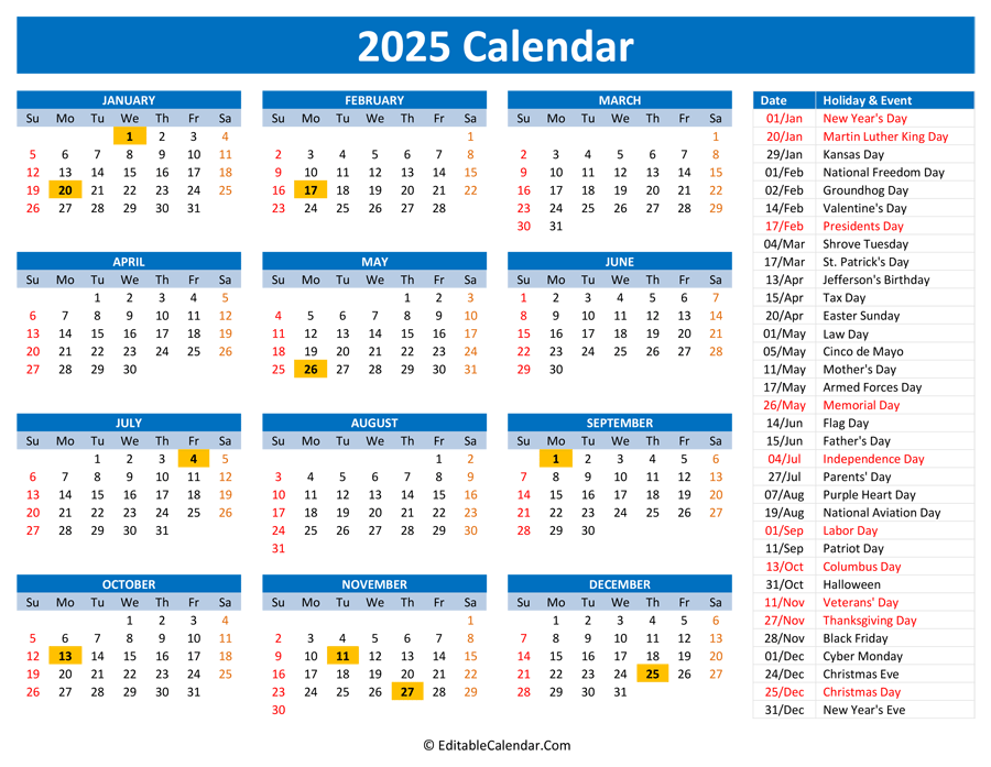 2025 Printable Calendar With Holidays