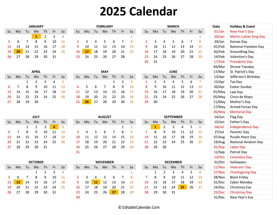 2025 Printable Calendar With Holidays