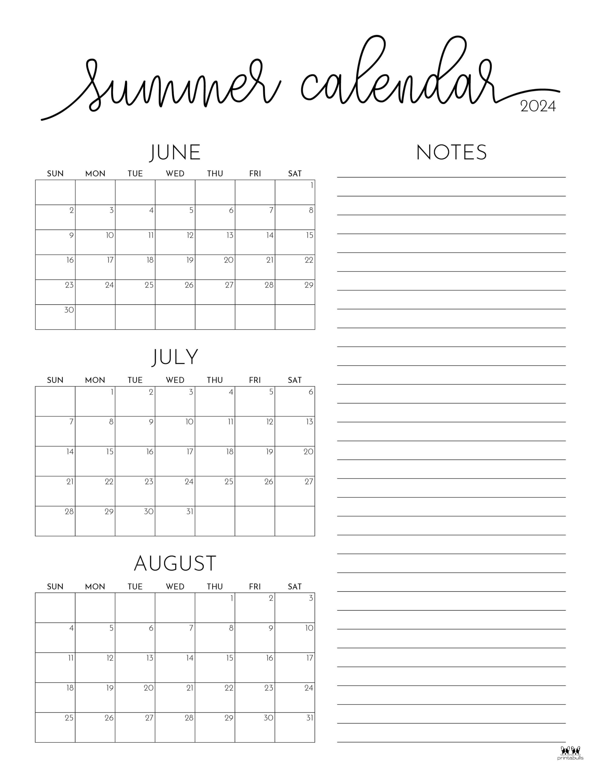 2026 Summer Calendar Printable Free