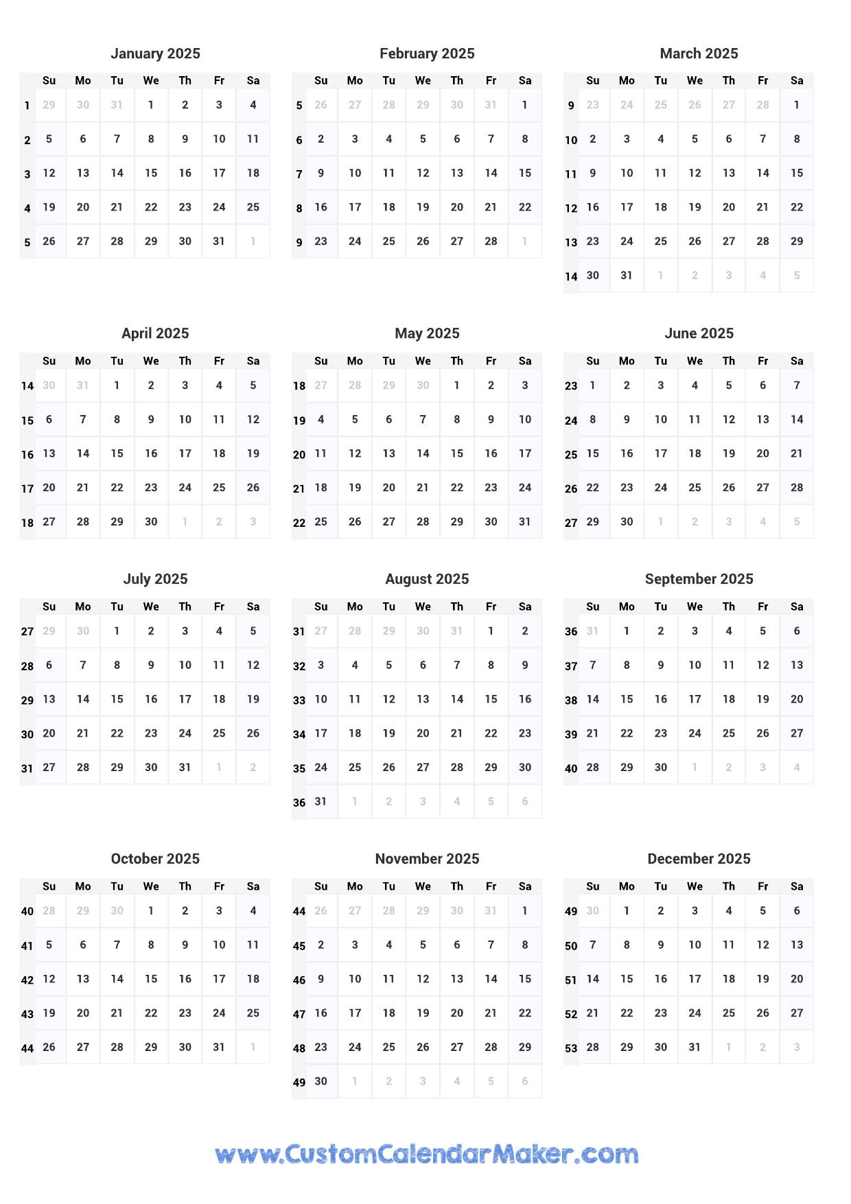 2025 Week Numbers Printable Pamela J Brown