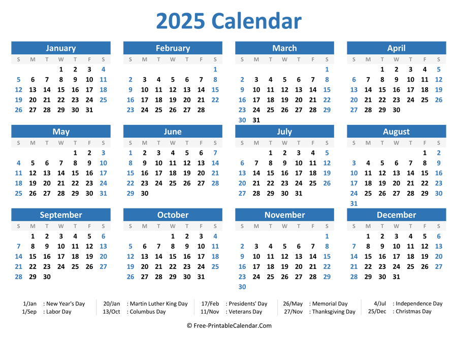 2025 Yearly Calendar In Excel PDF And Word