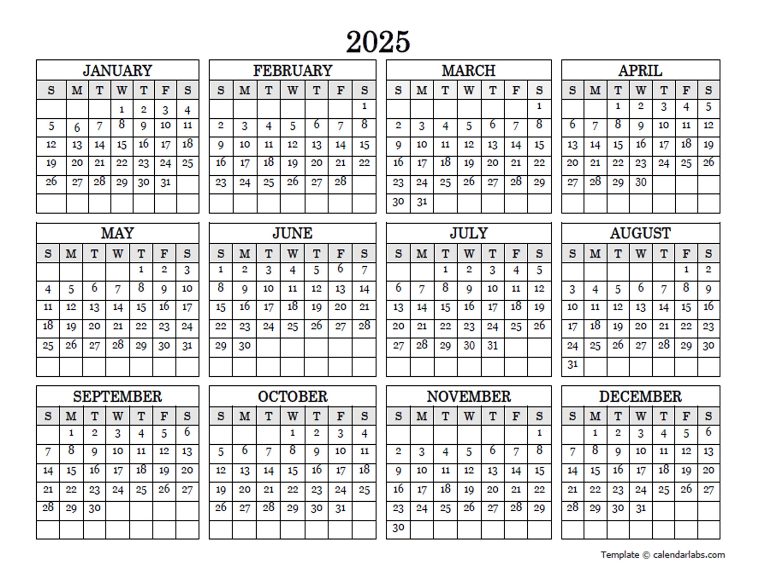 2025 Yearly Calendar Templat Nita Faith