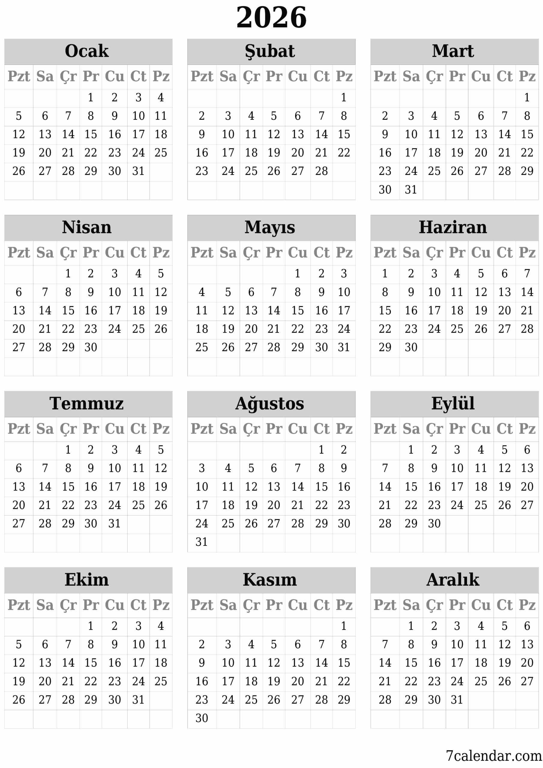 2026 A4 A3 PDF Ve PNG Y L I In Yazd R Labilir Takvimler Ve