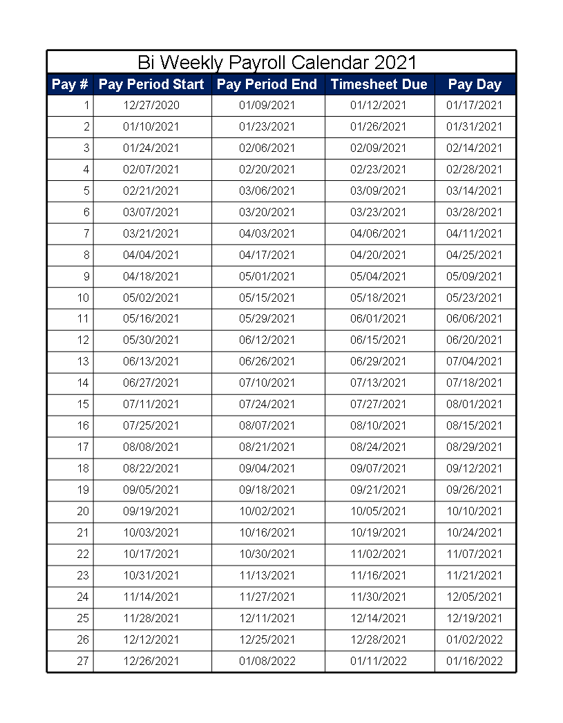 2026 Bi Weekly Payroll Calendar Free Printable Calendar
