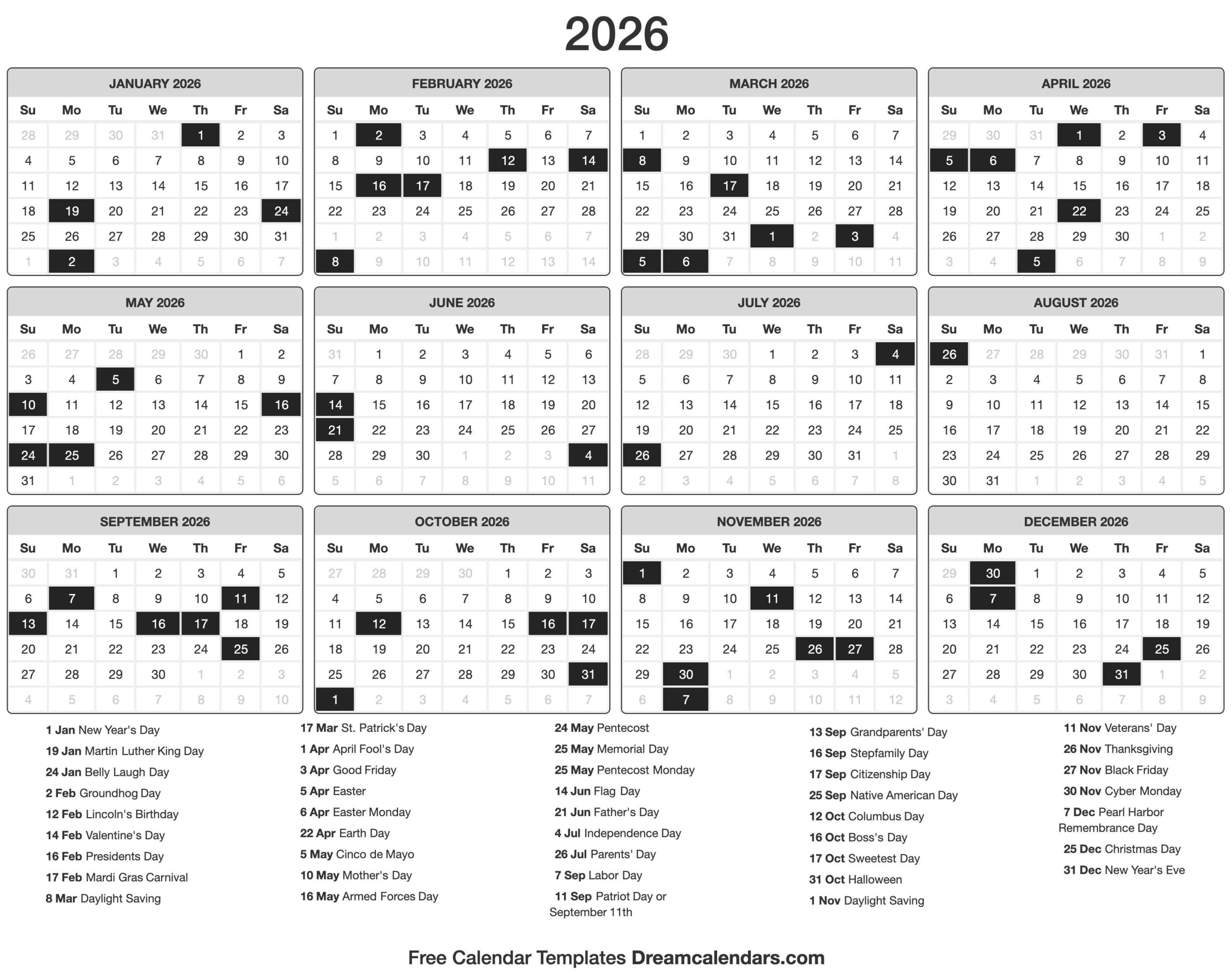 Printable Monthly Calendar Free 2026