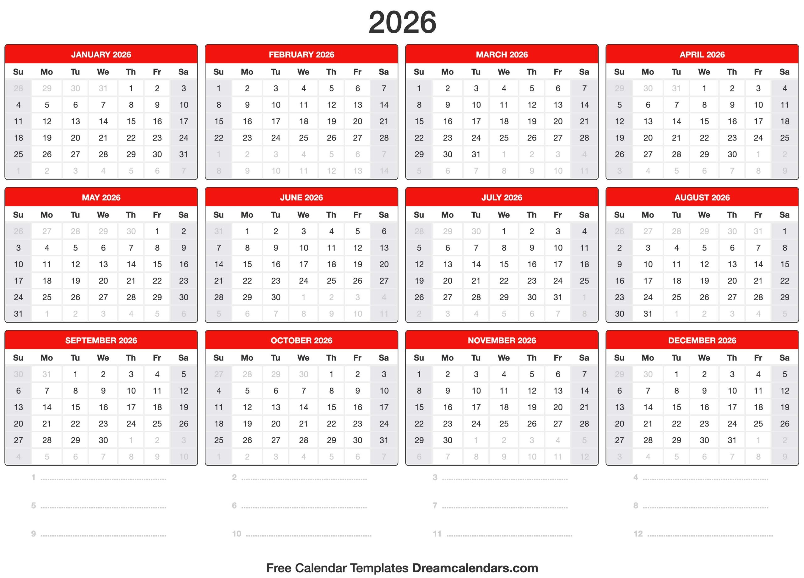 2026 12 Month Printable Calendar Free