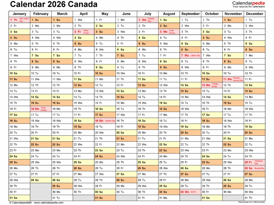 2026 Calendar Canada Printable Gilli Morissa