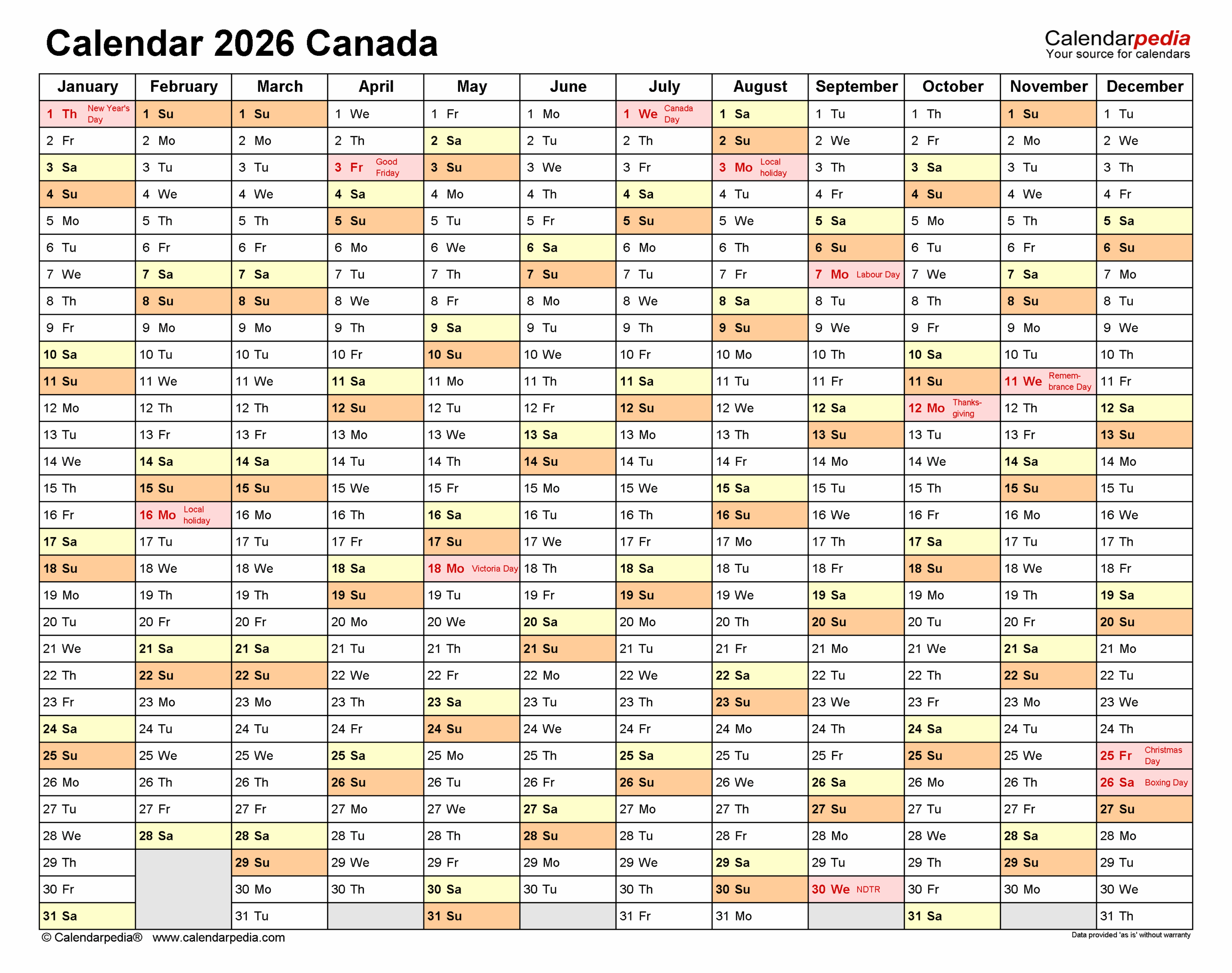 2026 Calendar Canada Printable Gilli Morissa