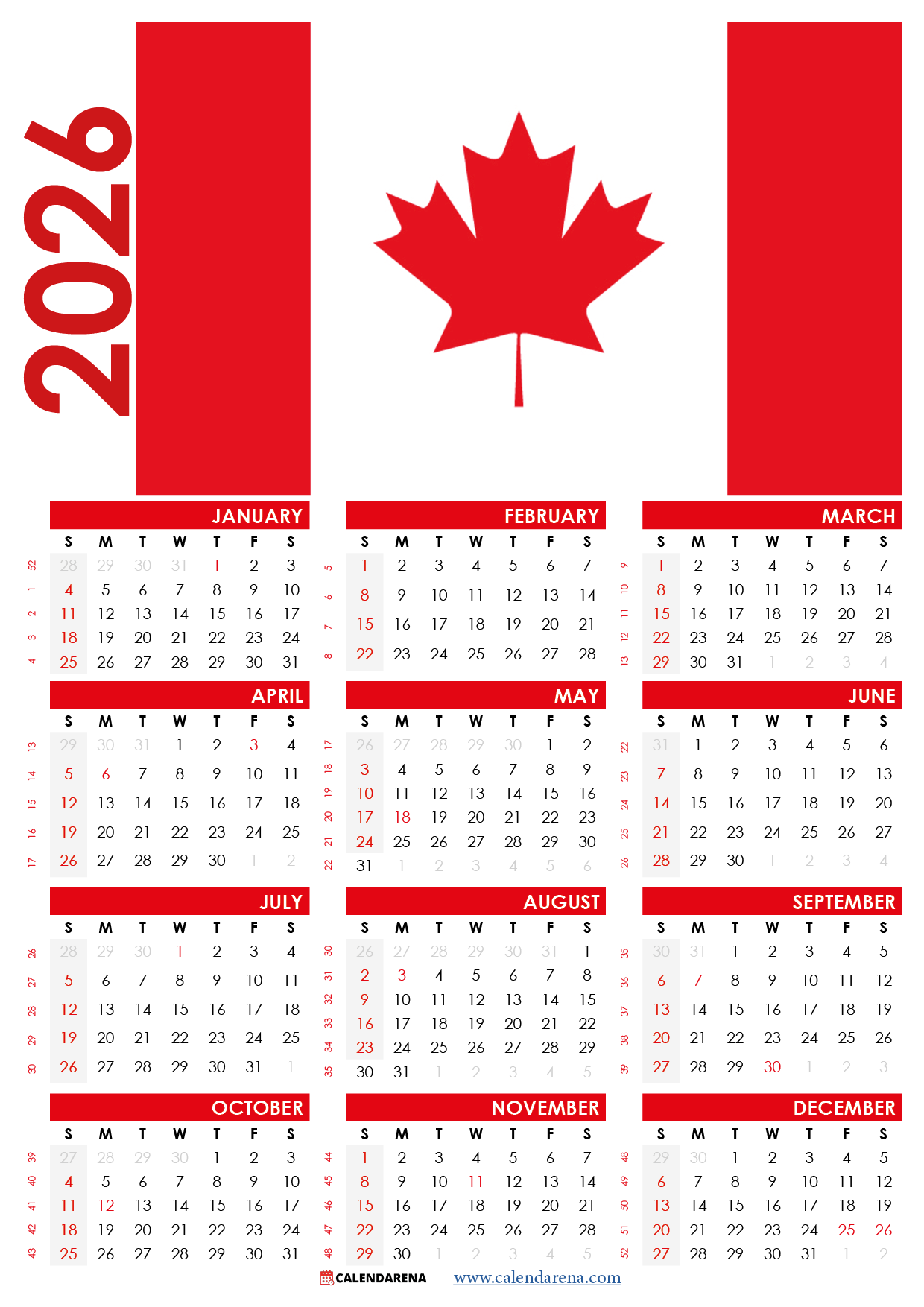 2026 Calendar Canada Printable Martina D Conti