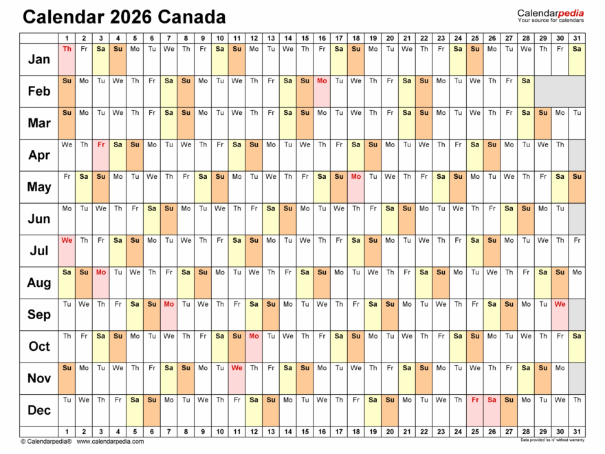 2026 Calendar Printable Canada Claire Cane
