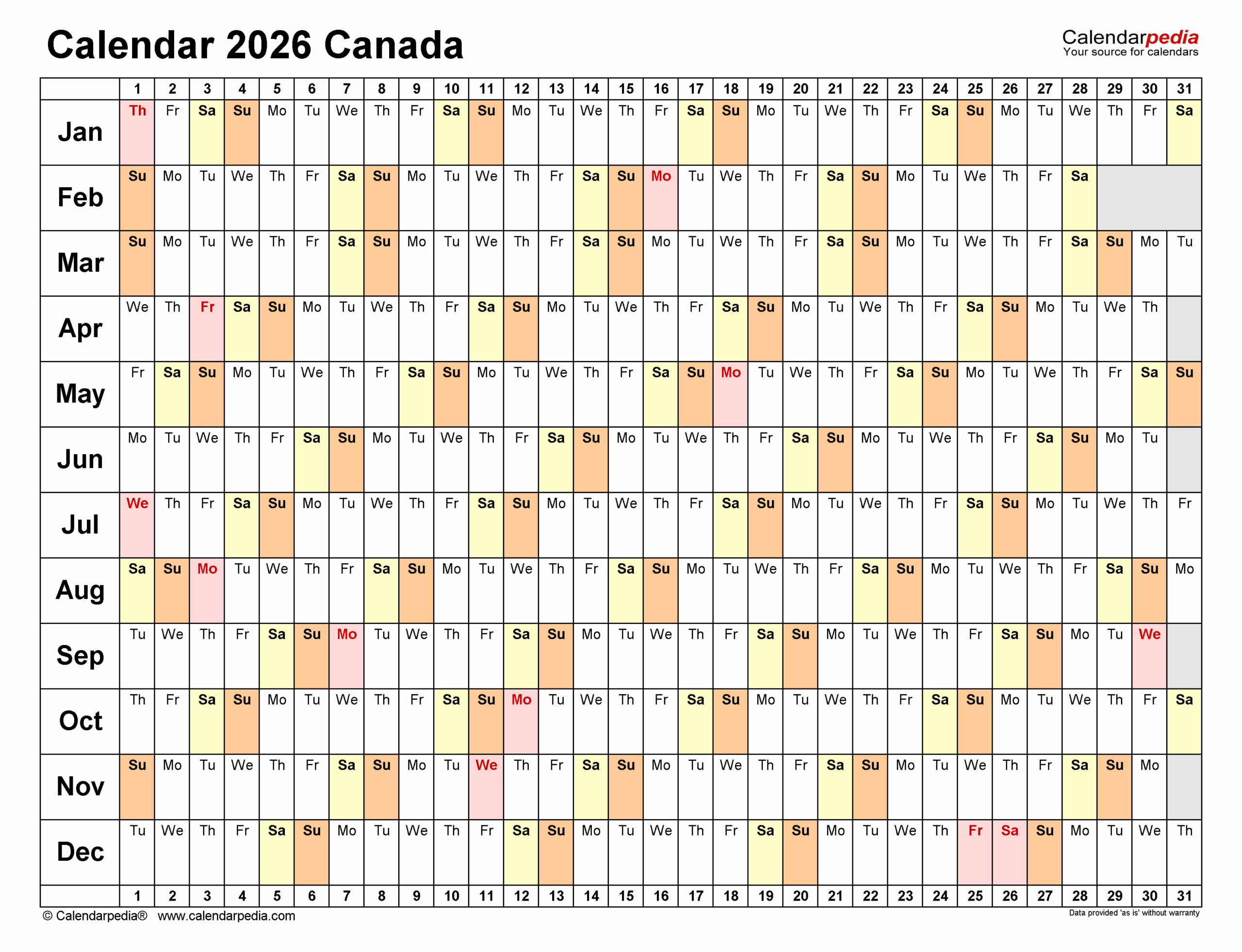 2026 Calendar Printable Canada Claire Cane