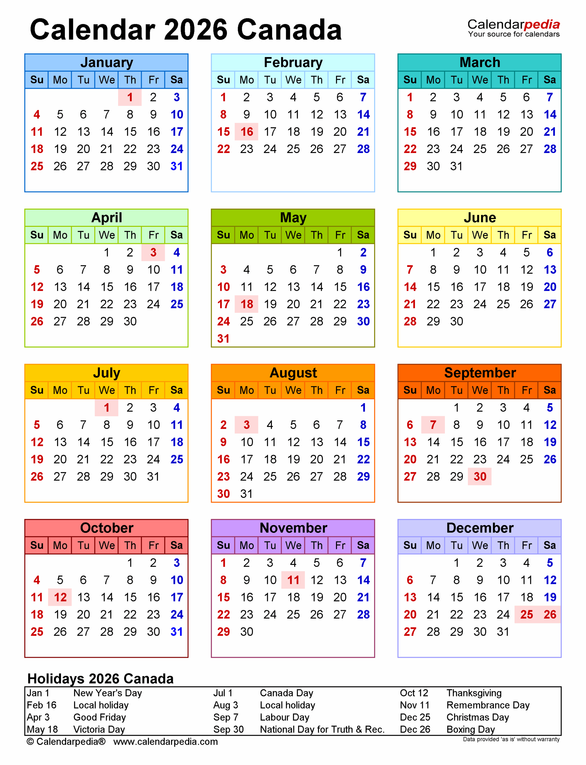 2026 Calendar Printable Canada Claire Cane