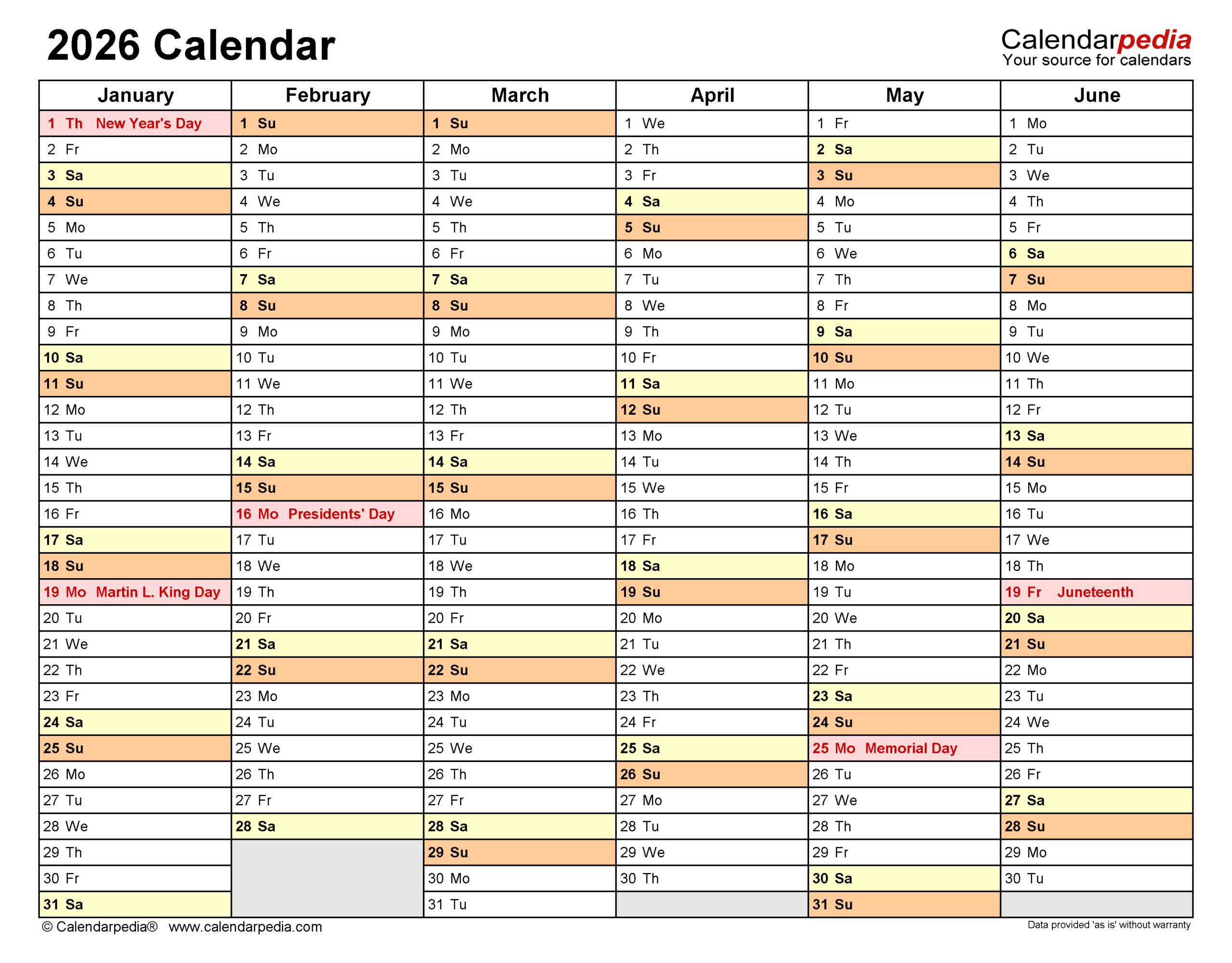A6 Calendar 2026 Printable