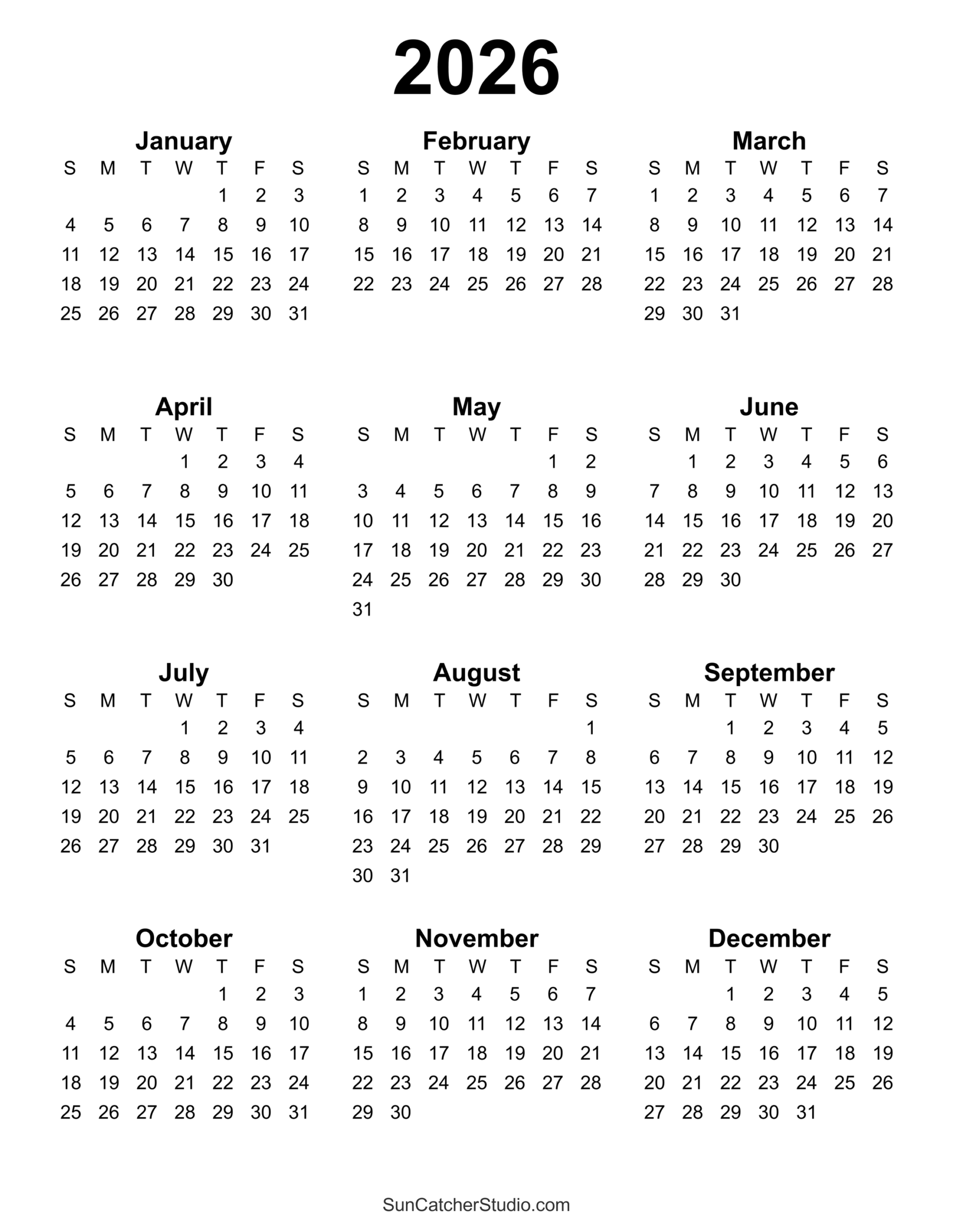 Printable Calendar 2026 Template Word